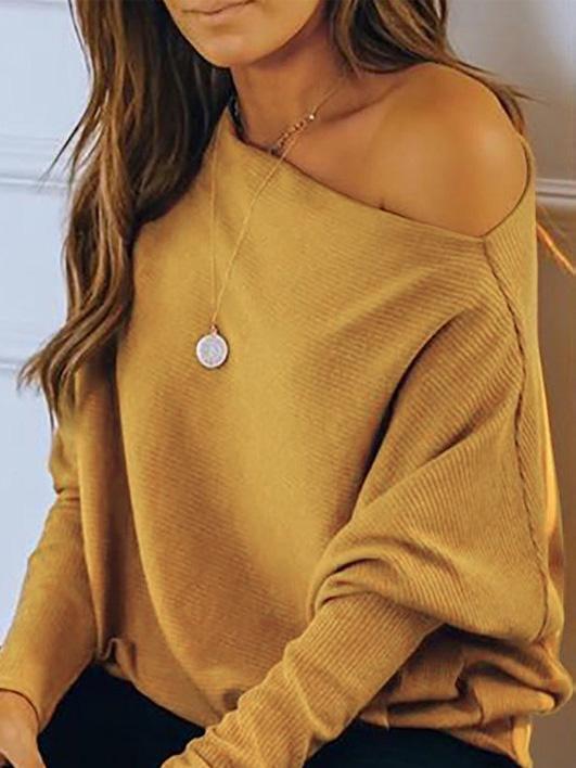 Women's T-Shirts Oblique Collar Off Shoulder Long Sleeve T-Shirts - T-Shirts - INS | Online Fashion Free Shipping Clothing, Dresses, Tops, Shoes - 04/09/2021 - 20-30 - Category_T-Shirts