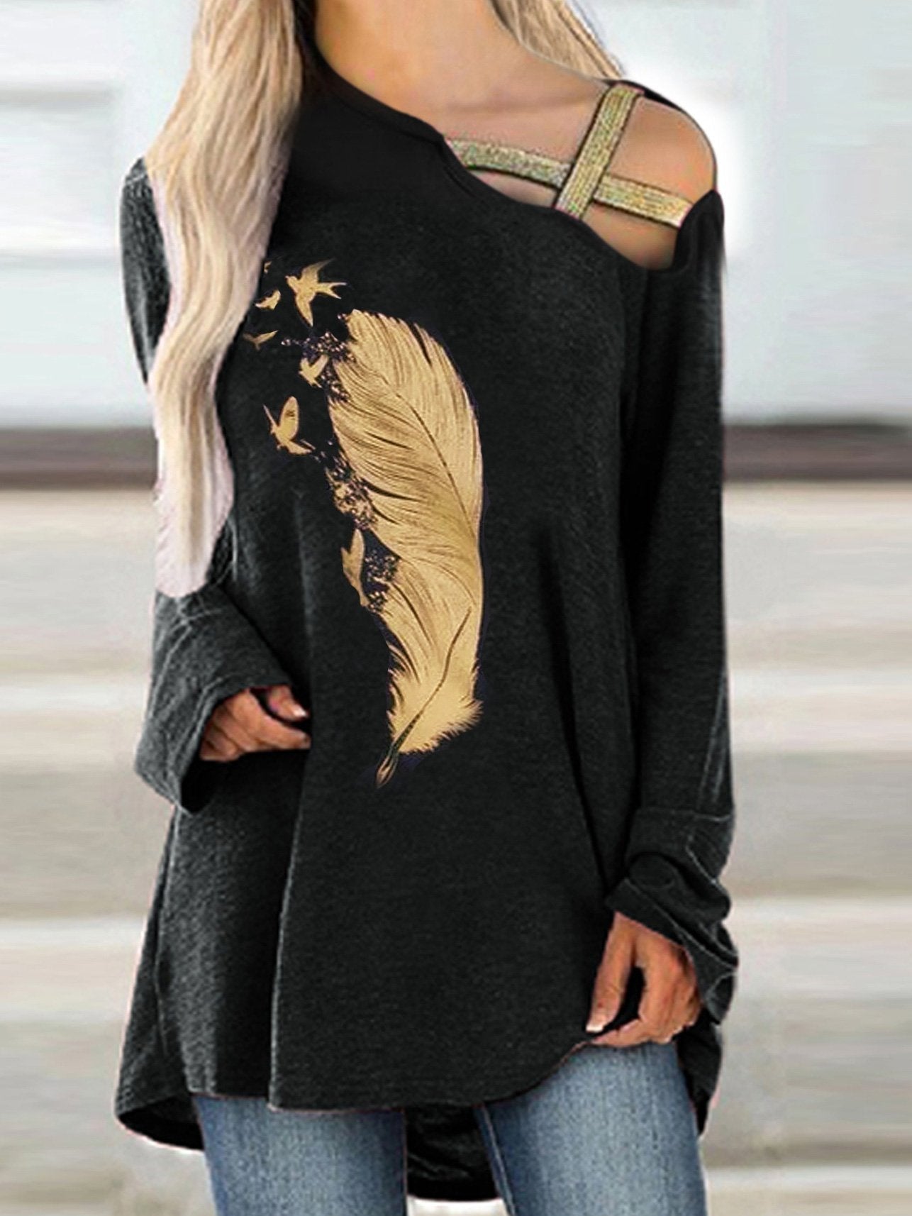 Women's T-Shirts Off-The-Shoulder Car Long Sleeve Pullover T-Shirt - T-Shirts - INS | Online Fashion Free Shipping Clothing, Dresses, Tops, Shoes - 10/09/2021 - 20-30 - Category_T-Shirts