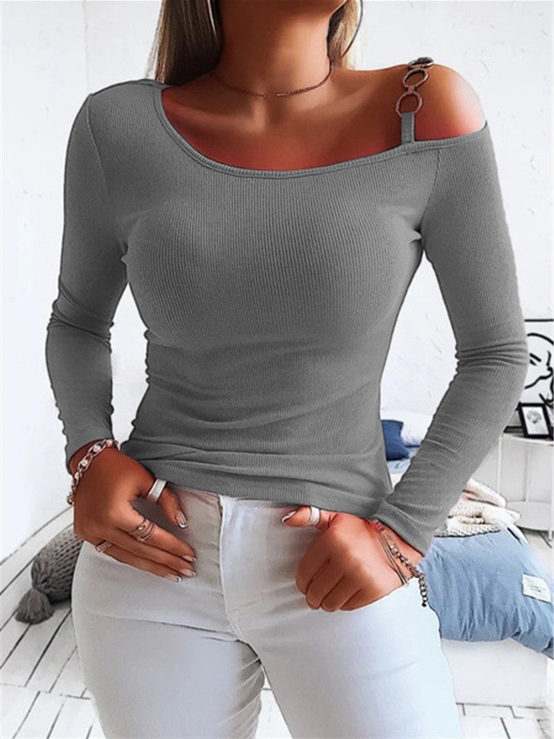 Women's T-Shirts Off-The-Shoulder Long Sleeve Slim Knit T-Shirts - T-Shirts - INS | Online Fashion Free Shipping Clothing, Dresses, Tops, Shoes - 18/09/2021 - 20-30 - Category_T-Shirts