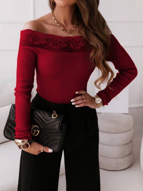 Women's T-Shirts One-Shoulder Lace Panel Long Sleeve Knit T-Shirt - T-Shirts - Instastyled | Online Fashion Free Shipping Clothing, Dresses, Tops, Shoes - 20-30 - 22/08/2022 - color-black