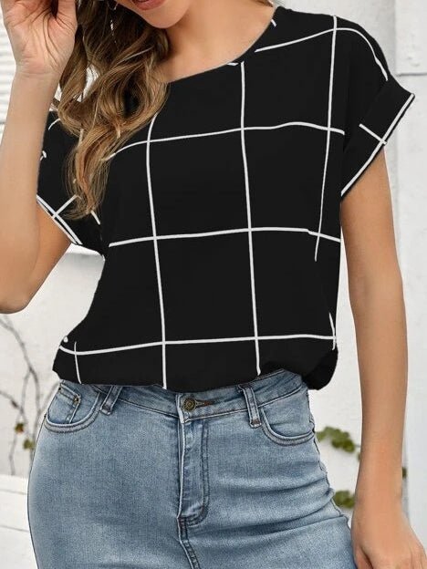 Women's T-Shirts Plaid Print Round Neck Short Sleeve T-Shirt - T-Shirts - Instastyled | Online Fashion Free Shipping Clothing, Dresses, Tops, Shoes - 20-30 - 20/04/2022 - color-black