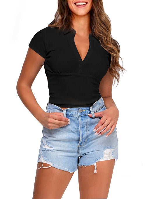 Women's T-Shirts POLO Neck Short Sleeve T-Shirt - T-Shirts - Instastyled | Online Fashion Free Shipping Clothing, Dresses, Tops, Shoes - 07/02/2022 - 30-40 - color-black