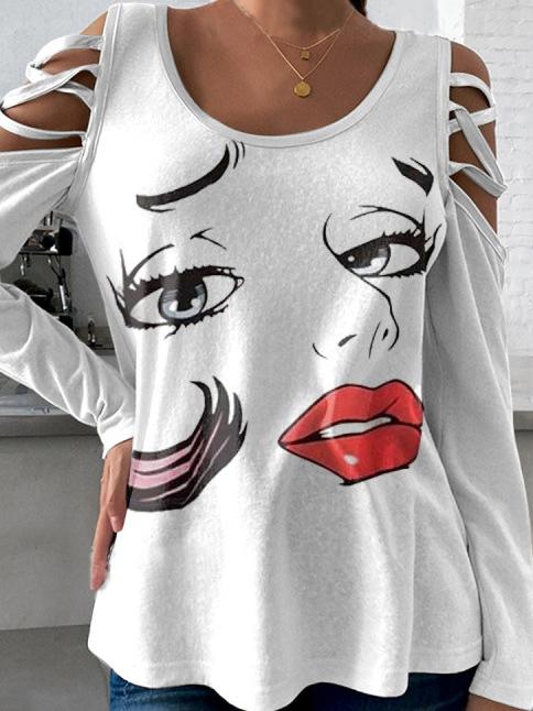 Women's T-Shirts Portrait Long Sleeve Round Neck Off Shoulder T-Shirt - T-Shirts - INS | Online Fashion Free Shipping Clothing, Dresses, Tops, Shoes - 11/10/2021 - Color_White - Season_Autumn