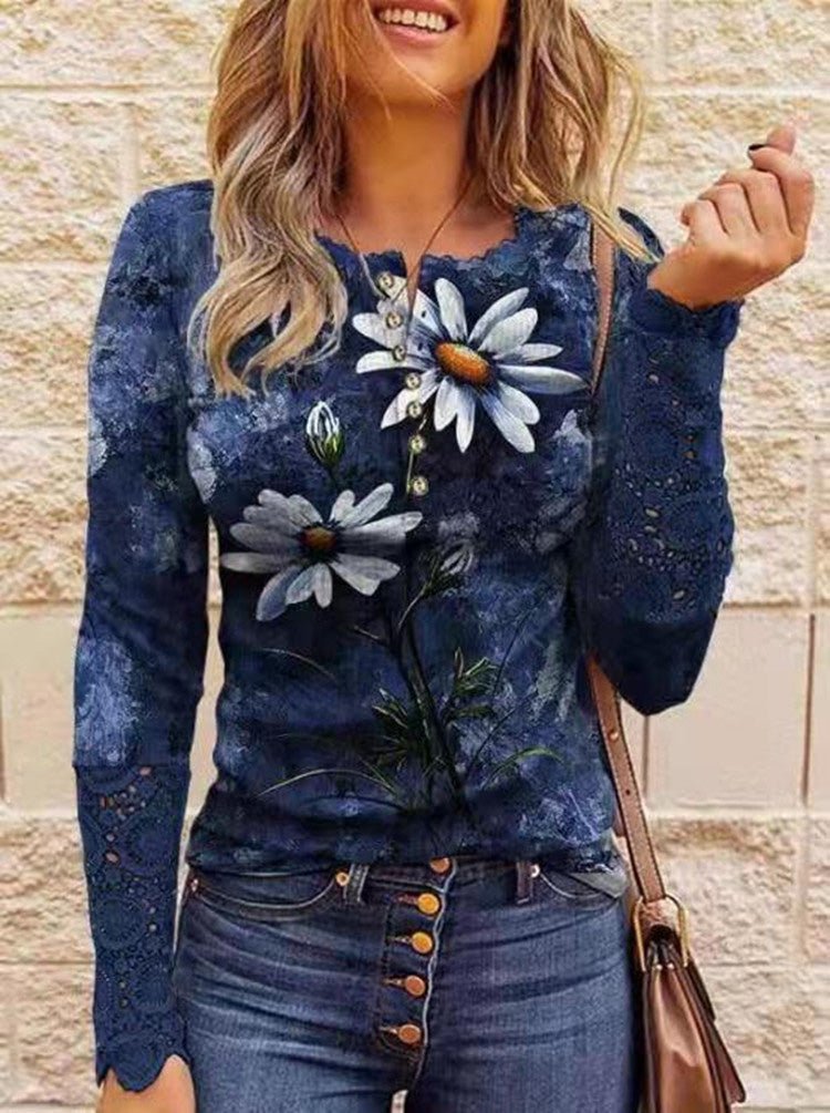 Women's T-Shirts Printed Button Lace Long Sleeve T-Shirt - T-Shirts - Instastyled | Online Fashion Free Shipping Clothing, Dresses, Tops, Shoes - 03/08/2022 - Color_Blue - Color_Brown