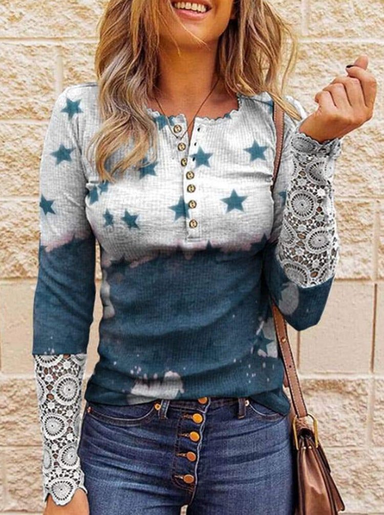 Women's T-Shirts Printed Button Lace Long Sleeve T-Shirt - T-Shirts - Instastyled | Online Fashion Free Shipping Clothing, Dresses, Tops, Shoes - 03/08/2022 - Color_Blue - Color_Brown