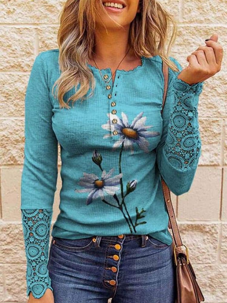 Women's T-Shirts Printed Button Lace Long Sleeve T-Shirt - T-Shirts - Instastyled | Online Fashion Free Shipping Clothing, Dresses, Tops, Shoes - 03/08/2022 - Color_Blue - Color_Brown