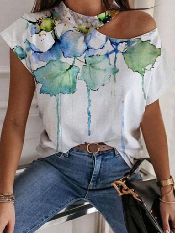 Women's T-Shirts Printed Crew Neck Off-Shoulder Short Sleeve T-Shirt - T-Shirts - Instastyled | Online Fashion Free Shipping Clothing, Dresses, Tops, Shoes - 20-30 - 23/02/2022 - color-white