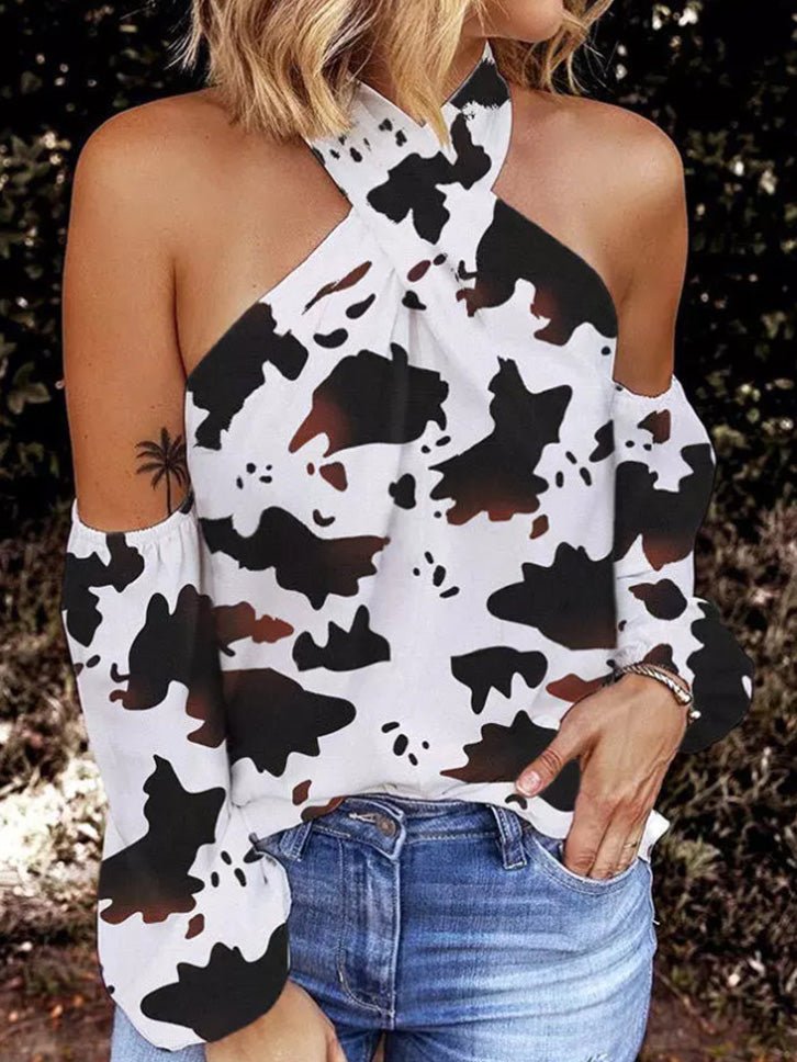 Women's T-Shirts Printed Halter Off-Shoulder Long Sleeve T-Shirt - T-Shirts - Instastyled | Online Fashion Free Shipping Clothing, Dresses, Tops, Shoes - 20-30 - 28/03/2022 - color-white