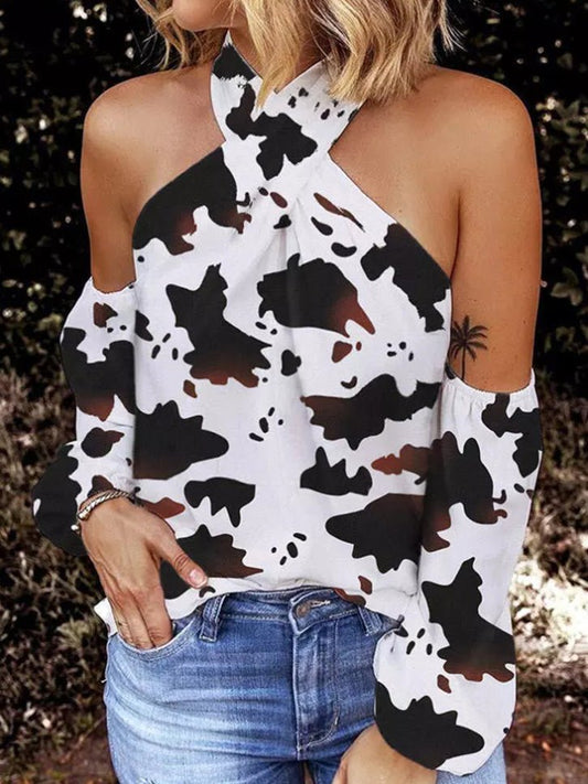 Women's T-Shirts Printed Halter Off-Shoulder Long Sleeve T-Shirt - T-Shirts - Instastyled | Online Fashion Free Shipping Clothing, Dresses, Tops, Shoes - 20-30 - 28/03/2022 - color-white