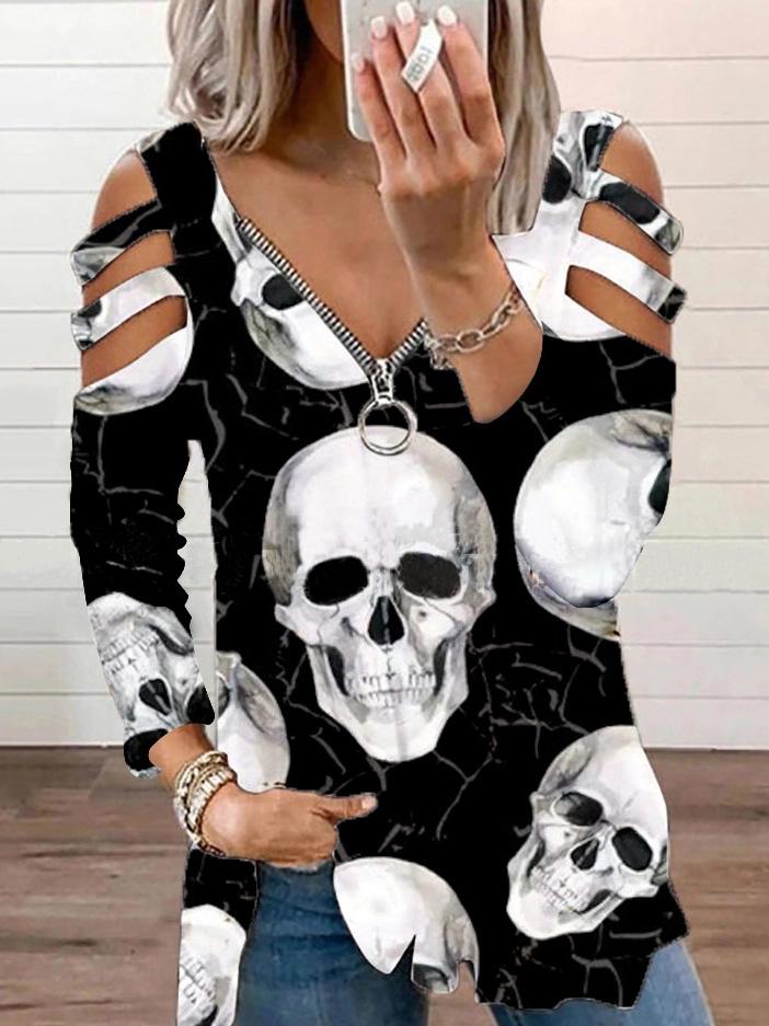 Women's T-Shirts Printed Hollow V-Neck Long Sleeve T-Shirt - T-Shirts - INS | Online Fashion Free Shipping Clothing, Dresses, Tops, Shoes - 01/09/2021 - 20-30 - Category_T-Shirts