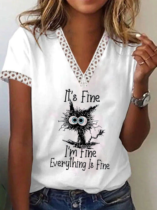 Women's T-Shirts Printed Lace V-Neck Short Sleeve T-Shirt - T-Shirts - Instastyled | Online Fashion Free Shipping Clothing, Dresses, Tops, Shoes - 22/04/2022 - Color_White - HDL