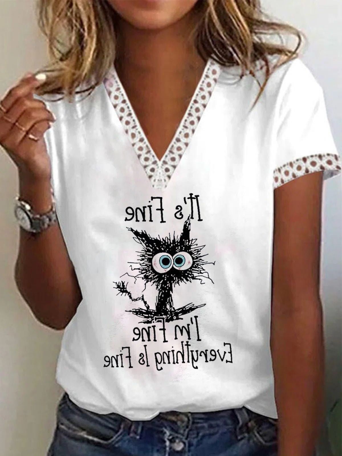 Women's T-Shirts Printed Lace V-Neck Short Sleeve T-Shirt - T-Shirts - Instastyled | Online Fashion Free Shipping Clothing, Dresses, Tops, Shoes - 22/04/2022 - Color_White - HDL