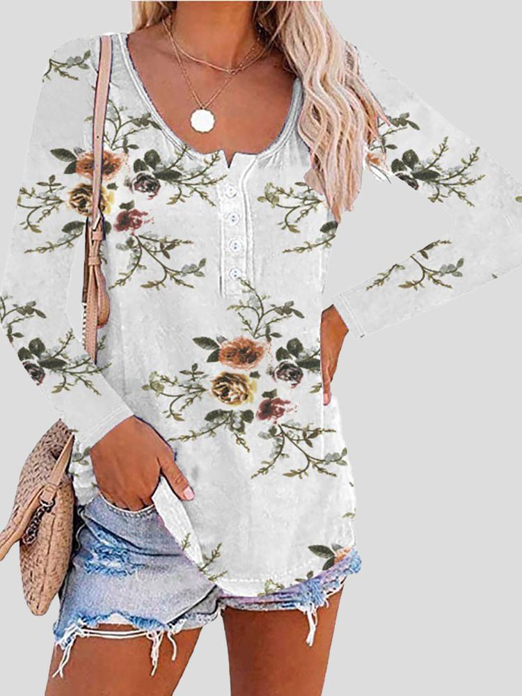 Women's T-Shirts Printed Long Sleeve Round Neck Button T-Shirt - T-Shirts - INS | Online Fashion Free Shipping Clothing, Dresses, Tops, Shoes - 11/10/2021 - Color_Green - Color_Pink