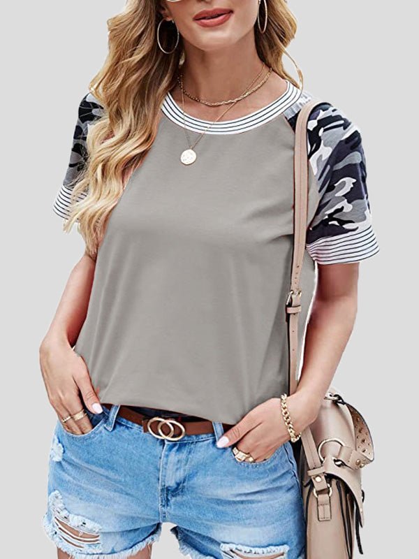 Women's T-Shirts Printed Panel Striped Short Sleeve T-Shirt - T-Shirts - Instastyled | Online Fashion Free Shipping Clothing, Dresses, Tops, Shoes - 18/02/2022 - 20-30 - color-black