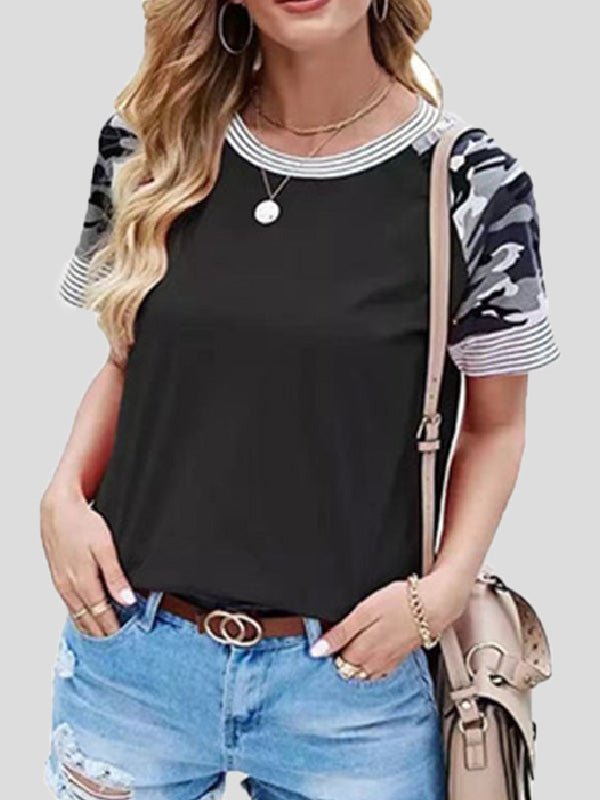 Women's T-Shirts Printed Panel Striped Short Sleeve T-Shirt - T-Shirts - Instastyled | Online Fashion Free Shipping Clothing, Dresses, Tops, Shoes - 18/02/2022 - 20-30 - color-black