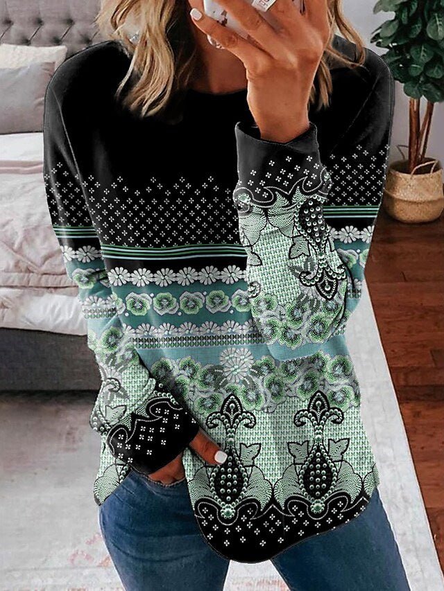 Women's T-Shirts Printed Round Neck Long Sleeve Casual T-Shirt - T-Shirts - Instastyled | Online Fashion Free Shipping Clothing, Dresses, Tops, Shoes - 15/09/2022 - Color_Blue - Color_Green