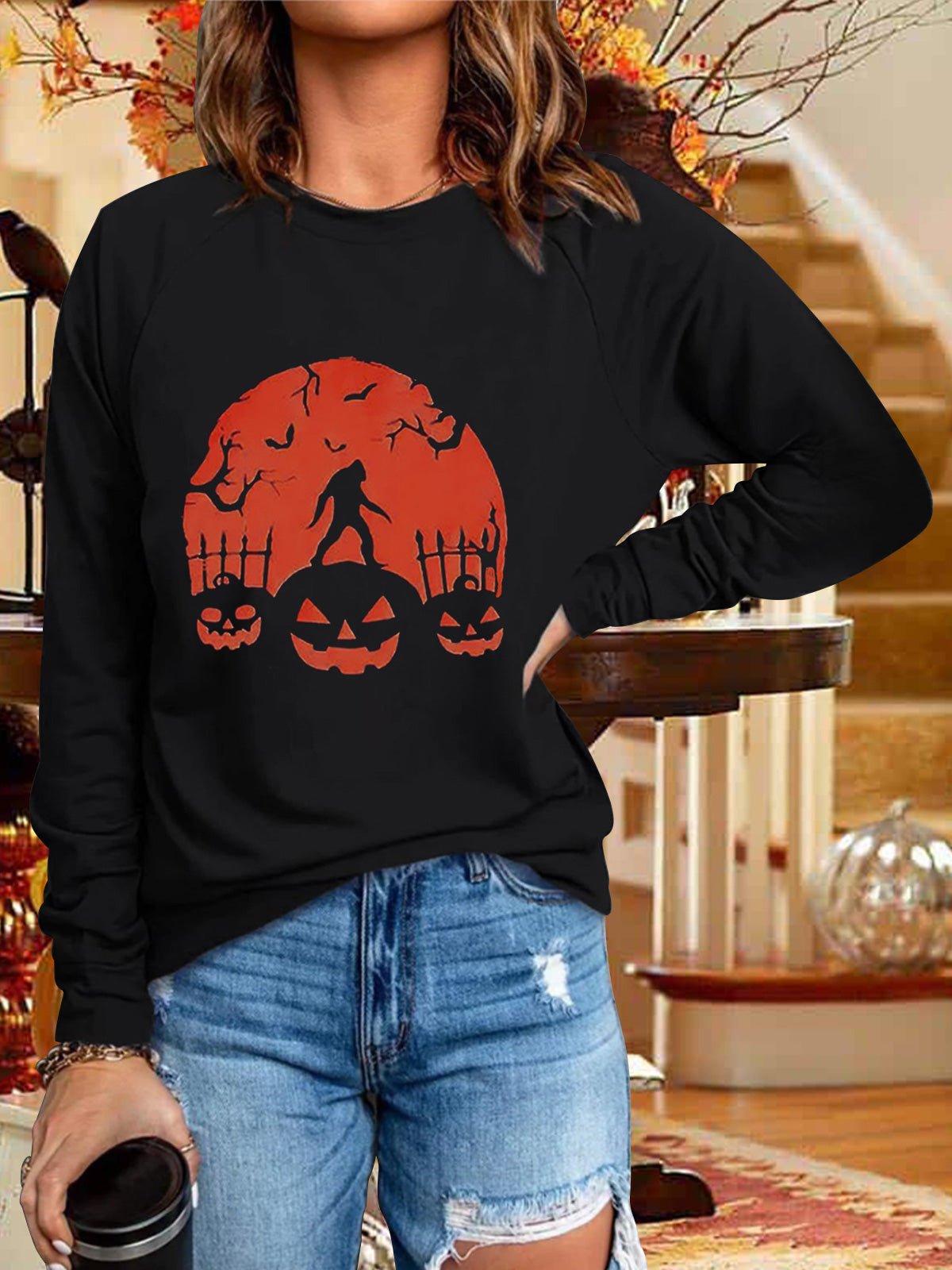 Women's T-Shirts Printed Round Neck Long Sleeve T-Shirt - T-Shirts - Instastyled | Online Fashion Free Shipping Clothing, Dresses, Tops, Shoes - 05/09/2022 - color-black - color-green