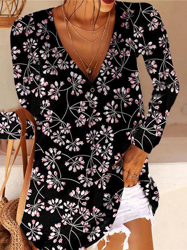 Women's T-Shirts Printed V-Neck Button Long Sleeve T-Shirt - T-Shirts - INS | Online Fashion Free Shipping Clothing, Dresses, Tops, Shoes - 10-20 - 14/09/2021 - Category_T-Shirts