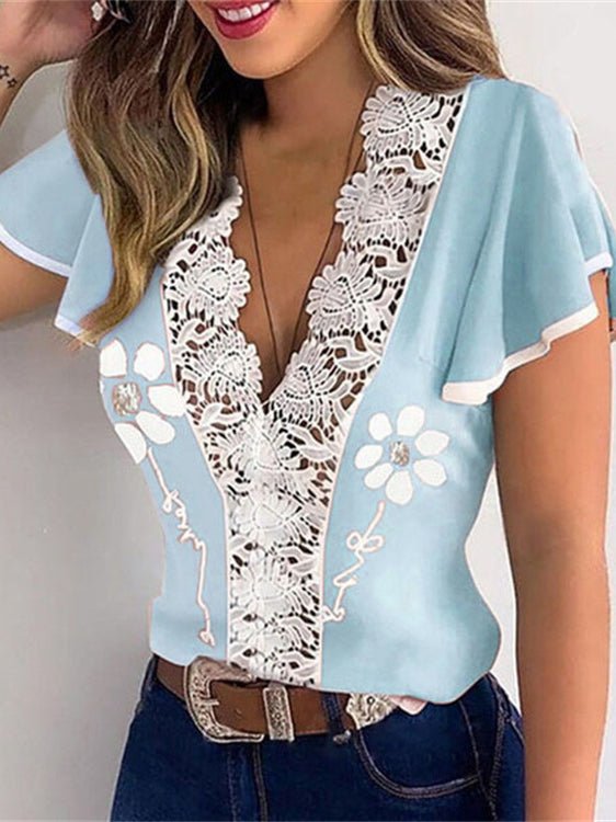 Women's T-Shirts Printed V-Neck Lace Ruffle T-Shirt - T-Shirts - Instastyled | Online Fashion Free Shipping Clothing, Dresses, Tops, Shoes - 11/05/2022 - 20-30 - color-blue