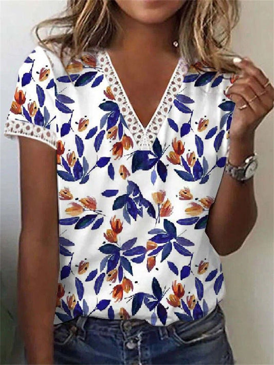 Women's T-Shirts Printed V-Neck Lace Short Sleeve T-Shirt - T-Shirts - Instastyled | Online Fashion Free Shipping Clothing, Dresses, Tops, Shoes - 11/07/2022 - 20-30 - color-white