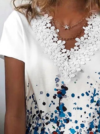 Women's T-Shirts Printed V-Neck Lace Short Sleeve T-Shirt - T-Shirts - Instastyled | Online Fashion Free Shipping Clothing, Dresses, Tops, Shoes - 20-30 - 28/03/2022 - color-blue