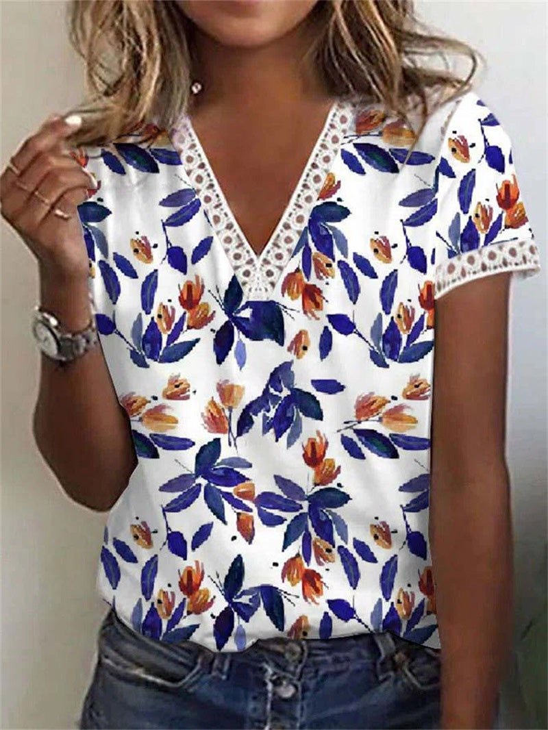 Women's T-Shirts Printed V-Neck Lace Short Sleeve T-Shirt - T-Shirts - Instastyled | Online Fashion Free Shipping Clothing, Dresses, Tops, Shoes - 11/07/2022 - 20-30 - color-white