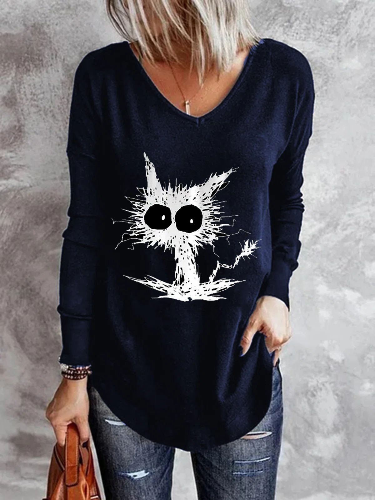 Women's T-Shirts Printed V-Neck Long Sleeve T-Shirt - T-Shirts - Instastyled | Online Fashion Free Shipping Clothing, Dresses, Tops, Shoes - 13/12/2021 - 20-30 - color-black