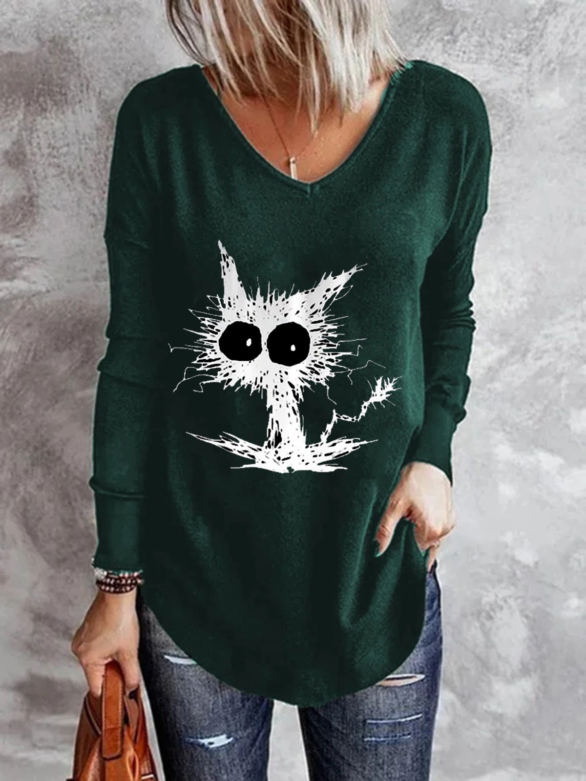 Women's T-Shirts Printed V-Neck Long Sleeve T-Shirt - T-Shirts - Instastyled | Online Fashion Free Shipping Clothing, Dresses, Tops, Shoes - 13/12/2021 - 20-30 - color-black