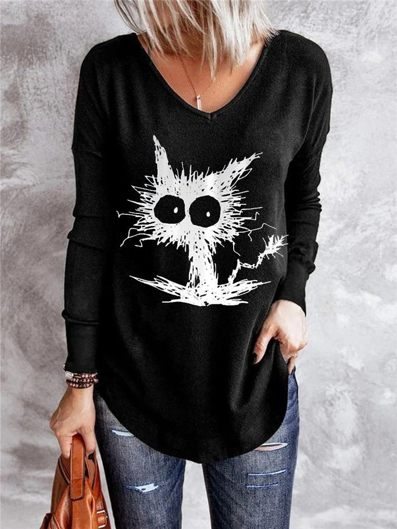 Women's T-Shirts Printed V-Neck Long Sleeve T-Shirt - T-Shirts - Instastyled | Online Fashion Free Shipping Clothing, Dresses, Tops, Shoes - 13/12/2021 - 20-30 - color-black