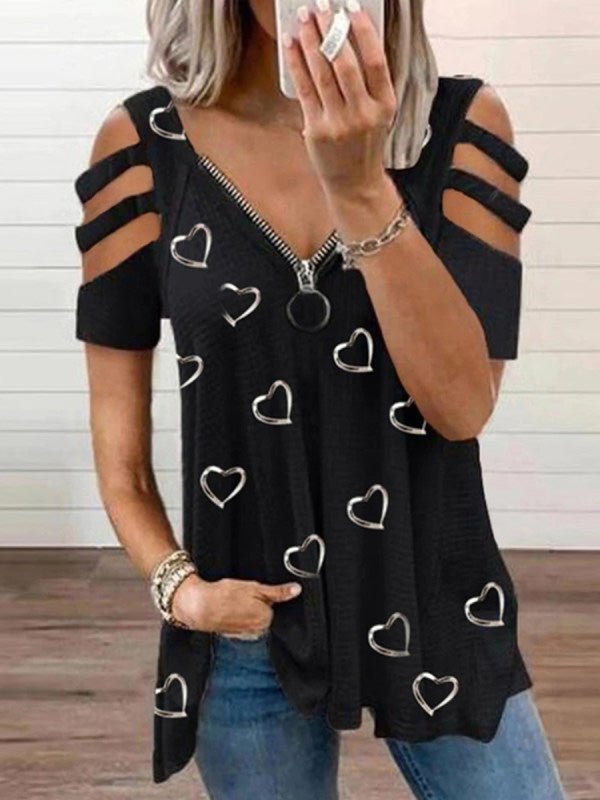 Women's T-Shirts Printed V-Neck Off-Shoulder Short Sleeve T-Shirt - T-Shirts - Instastyled | Online Fashion Free Shipping Clothing, Dresses, Tops, Shoes - 09/06/2022 - Color_Black - Color_Blue