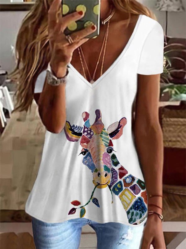 Women's T-Shirts Printed V-Neck Short Sleeve T-Shirt - T-Shirts - Instastyled | Online Fashion Free Shipping Clothing, Dresses, Tops, Shoes - 04/08/2022 - Color_Black - Color_Blue