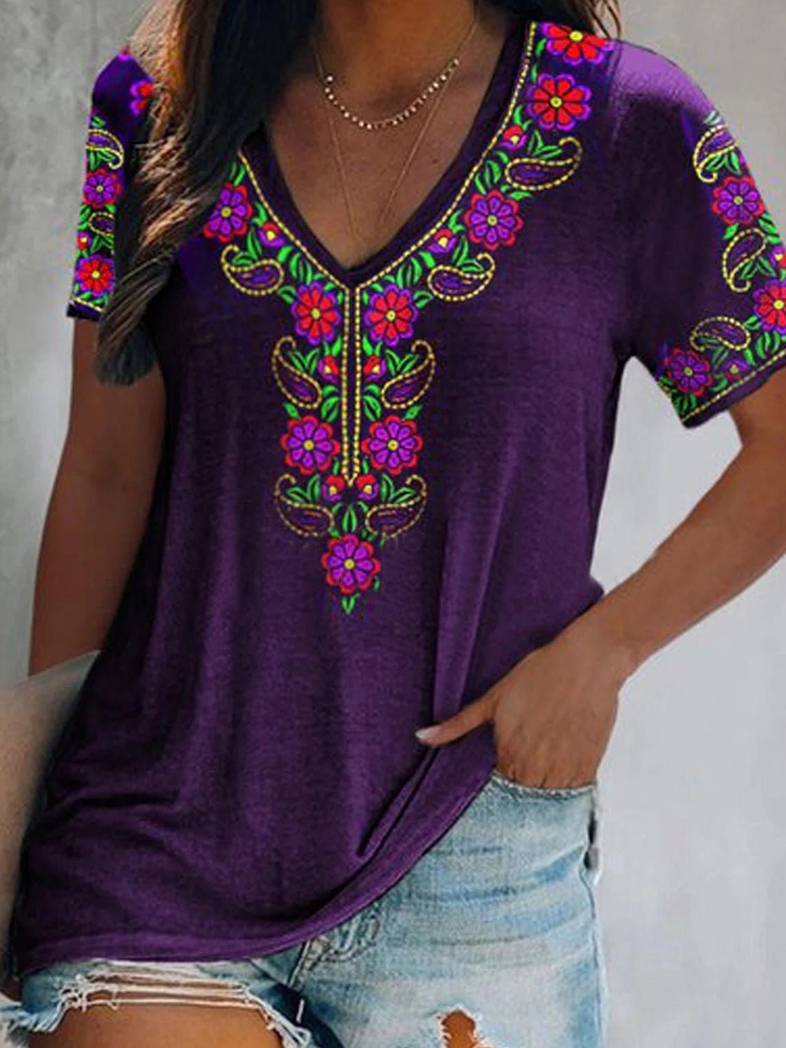 Women's T-Shirts Printed V-Neck Short Sleeve T-Shirt - T-Shirts - Instastyled | Online Fashion Free Shipping Clothing, Dresses, Tops, Shoes - 18/03/2022 - 20-30 - color-purple