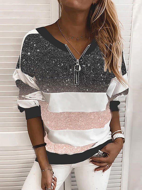 Women's T-Shirts Printed V-Neck Zip Long Sleeve T-Shirt - T-Shirts - Instastyled | Online Fashion Free Shipping Clothing, Dresses, Tops, Shoes - 19/08/2022 - Color_Black - Color_Blue