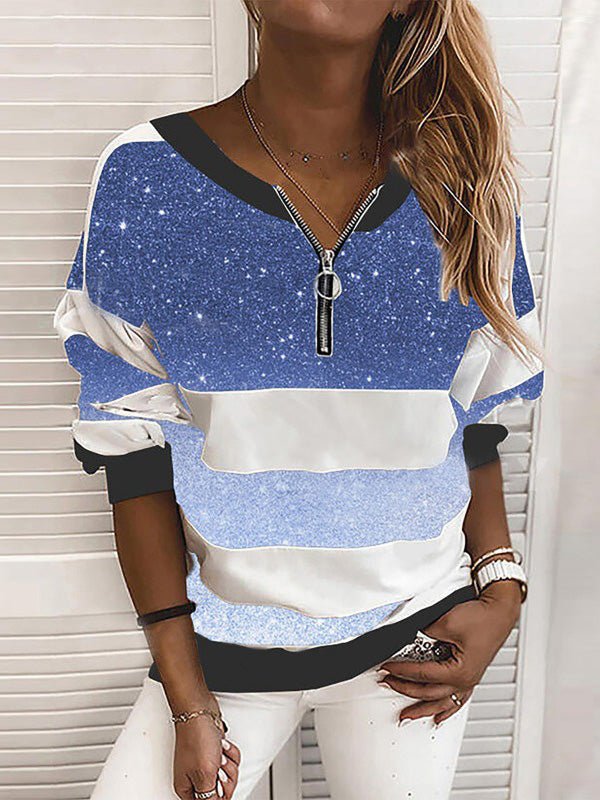 Women's T-Shirts Printed V-Neck Zip Long Sleeve T-Shirt - T-Shirts - Instastyled | Online Fashion Free Shipping Clothing, Dresses, Tops, Shoes - 19/08/2022 - Color_Black - Color_Blue