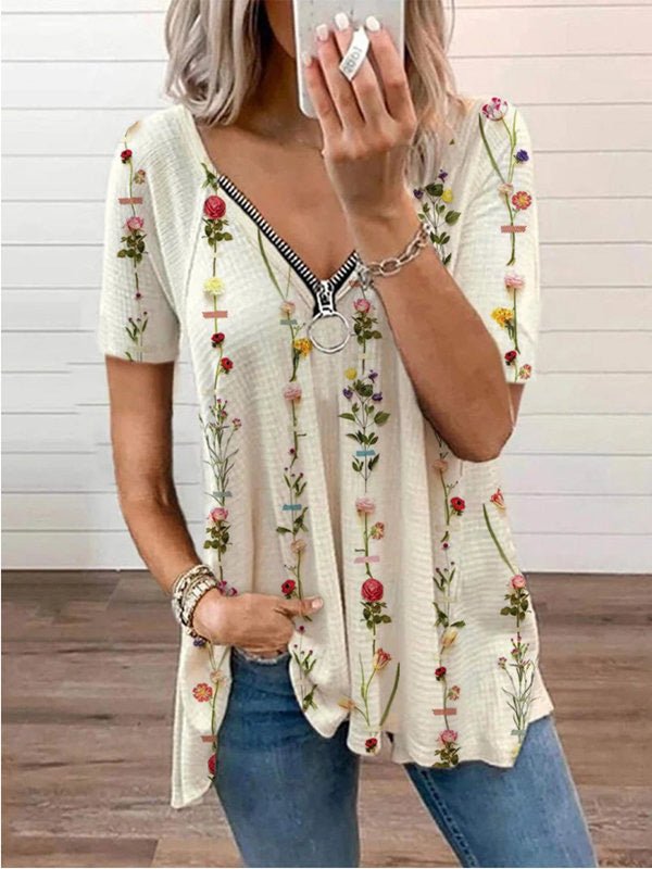 Women's T-Shirts Printed V-Neck Zip Short Sleeve T-Shirt - T-Shirts - Instastyled | Online Fashion Free Shipping Clothing, Dresses, Tops, Shoes - 24/06/2022 - Color_Apricot - Color_Green