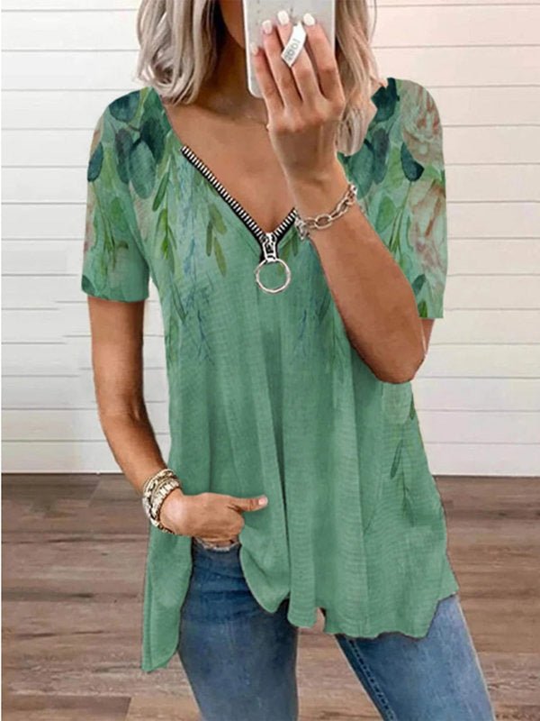 Women's T-Shirts Printed V-Neck Zip Short Sleeve T-Shirt - T-Shirts - Instastyled | Online Fashion Free Shipping Clothing, Dresses, Tops, Shoes - 24/06/2022 - Color_Apricot - Color_Green