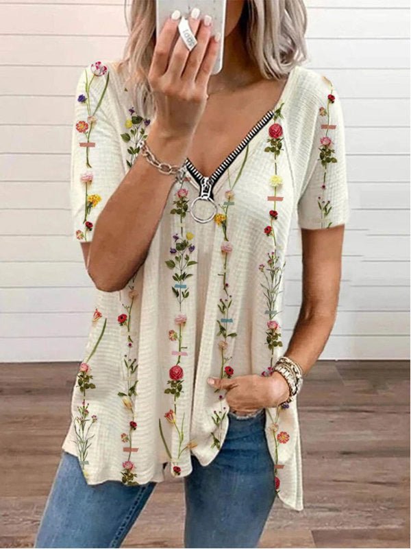 Women's T-Shirts Printed V-Neck Zip Short Sleeve T-Shirt - T-Shirts - Instastyled | Online Fashion Free Shipping Clothing, Dresses, Tops, Shoes - 24/06/2022 - Color_Apricot - Color_Green