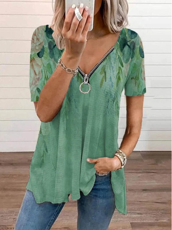 Women's T-Shirts Printed V-Neck Zip Short Sleeve T-Shirt - T-Shirts - Instastyled | Online Fashion Free Shipping Clothing, Dresses, Tops, Shoes - 24/06/2022 - Color_Apricot - Color_Green