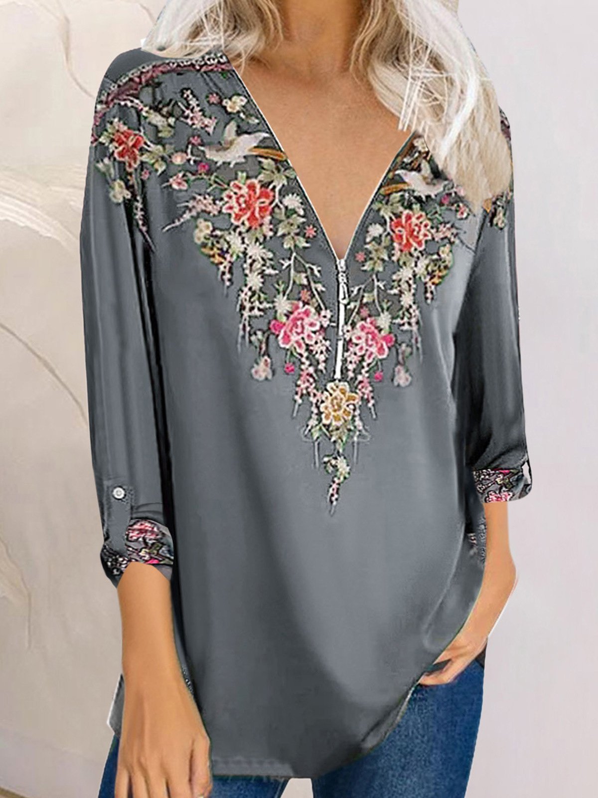 Women's T-Shirts Printed V-Neck Zipper Long Sleeve T-Shirts - T-Shirts - INS | Online Fashion Free Shipping Clothing, Dresses, Tops, Shoes - 14/09/2021 - 20-30 - Category_T-Shirts