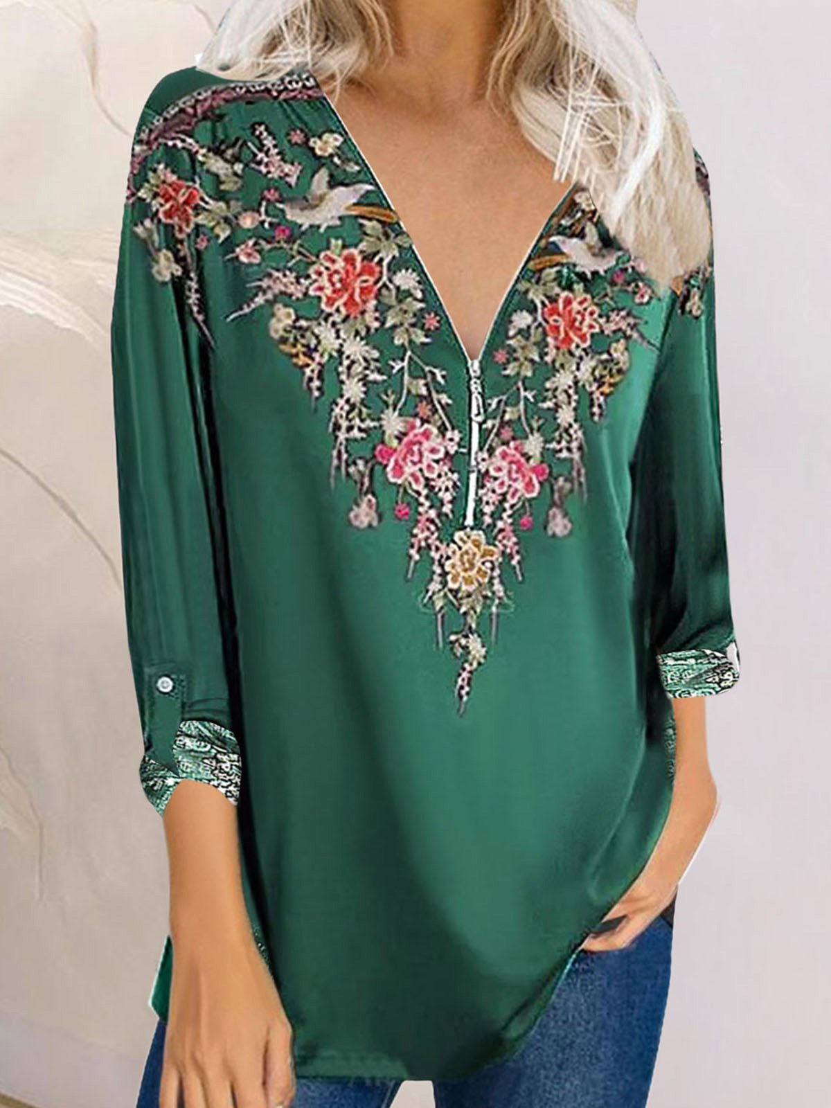 Women's T-Shirts Printed V-Neck Zipper Long Sleeve T-Shirts - T-Shirts - INS | Online Fashion Free Shipping Clothing, Dresses, Tops, Shoes - 14/09/2021 - 20-30 - Category_T-Shirts