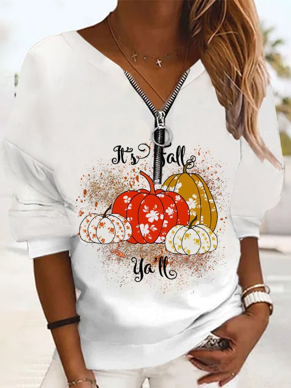 Women's T-Shirts Printed Zip Long Sleeve Casual T-Shirt - T-Shirts - Instastyled | Online Fashion Free Shipping Clothing, Dresses, Tops, Shoes - 11/08/2022 - 20-30 - color-orange