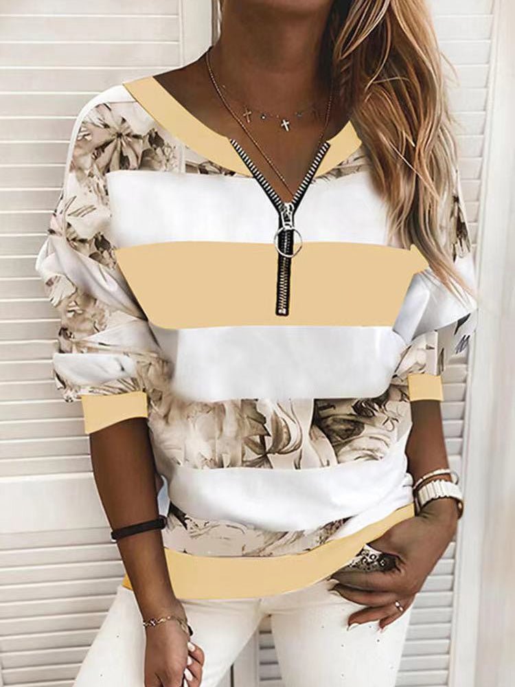 Women's T-Shirts Printed Zip V-Neck Casual Long Sleeve T-Shirt - T-Shirts - Instastyled | Online Fashion Free Shipping Clothing, Dresses, Tops, Shoes - 12/08/2022 - Color_Blue - Color_Pink