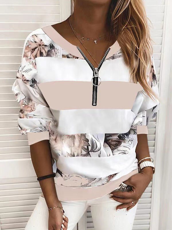 Women's T-Shirts Printed Zip V-Neck Casual Long Sleeve T-Shirt - T-Shirts - Instastyled | Online Fashion Free Shipping Clothing, Dresses, Tops, Shoes - 12/08/2022 - Color_Blue - Color_Pink