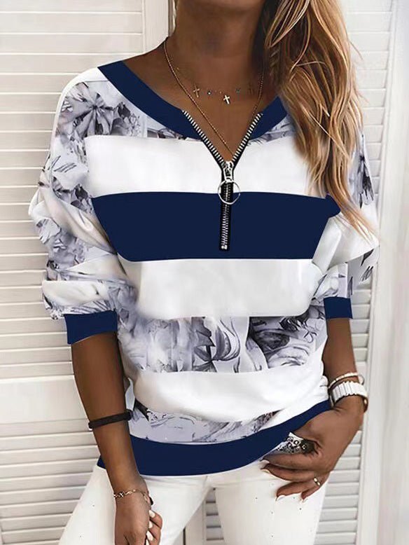 Women's T-Shirts Printed Zip V-Neck Casual Long Sleeve T-Shirt - T-Shirts - Instastyled | Online Fashion Free Shipping Clothing, Dresses, Tops, Shoes - 12/08/2022 - Color_Blue - Color_Pink