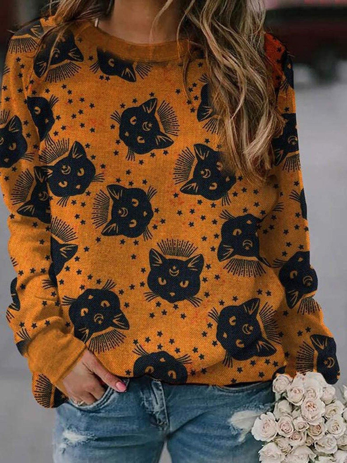 Women's T-Shirts Pumpkin Cat Print Crew Neck Long Sleeve T-Shirt - T-Shirts - Instastyled | Online Fashion Free Shipping Clothing, Dresses, Tops, Shoes - 20-30 - 30/08/2022 - color-black