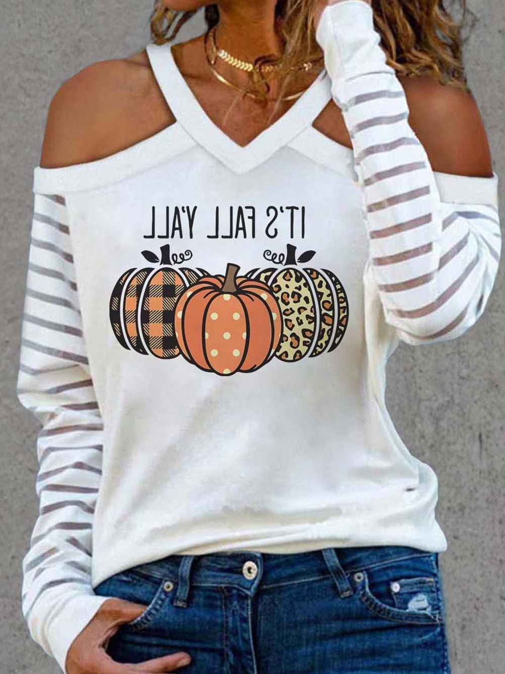 Women's T-Shirts Pumpkin Print Off-The-Shoulder Long Sleeve T-Shirt - T-Shirts - Instastyled | Online Fashion Free Shipping Clothing, Dresses, Tops, Shoes - 20-30 - 24/08/2022 - color-white