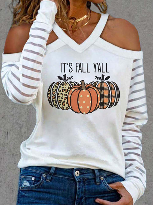 Women's T-Shirts Pumpkin Print Off-The-Shoulder Long Sleeve T-Shirt - T-Shirts - Instastyled | Online Fashion Free Shipping Clothing, Dresses, Tops, Shoes - 20-30 - 24/08/2022 - color-white