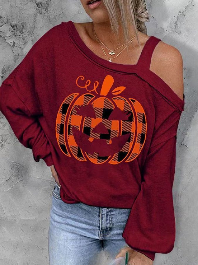 Women's T-Shirts Pumpkin Print Off-The-Shoulder Long-Sleeve T-Shirts - T-Shirts - Instastyled | Online Fashion Free Shipping Clothing, Dresses, Tops, Shoes - 25/08/2022 - 30-40 - color-black