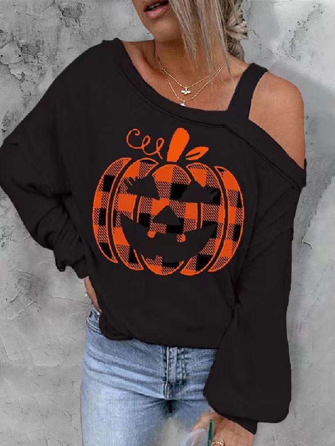 Women's T-Shirts Pumpkin Print Off-The-Shoulder Long-Sleeve T-Shirts - T-Shirts - Instastyled | Online Fashion Free Shipping Clothing, Dresses, Tops, Shoes - 25/08/2022 - 30-40 - color-black