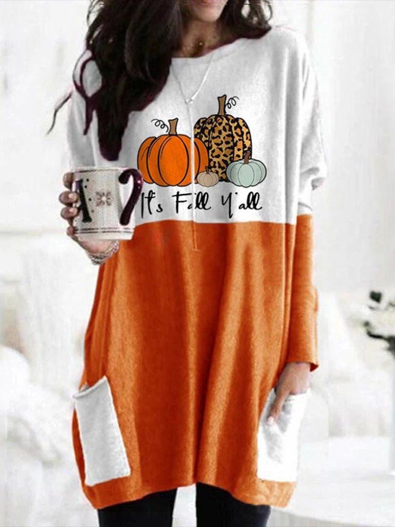 Women's T-Shirts Pumpkin Print Pocket Long Sleeve T-Shirt - T-Shirts - Instastyled | Online Fashion Free Shipping Clothing, Dresses, Tops, Shoes - 13/08/2022 - Color_Gray - Color_Orange